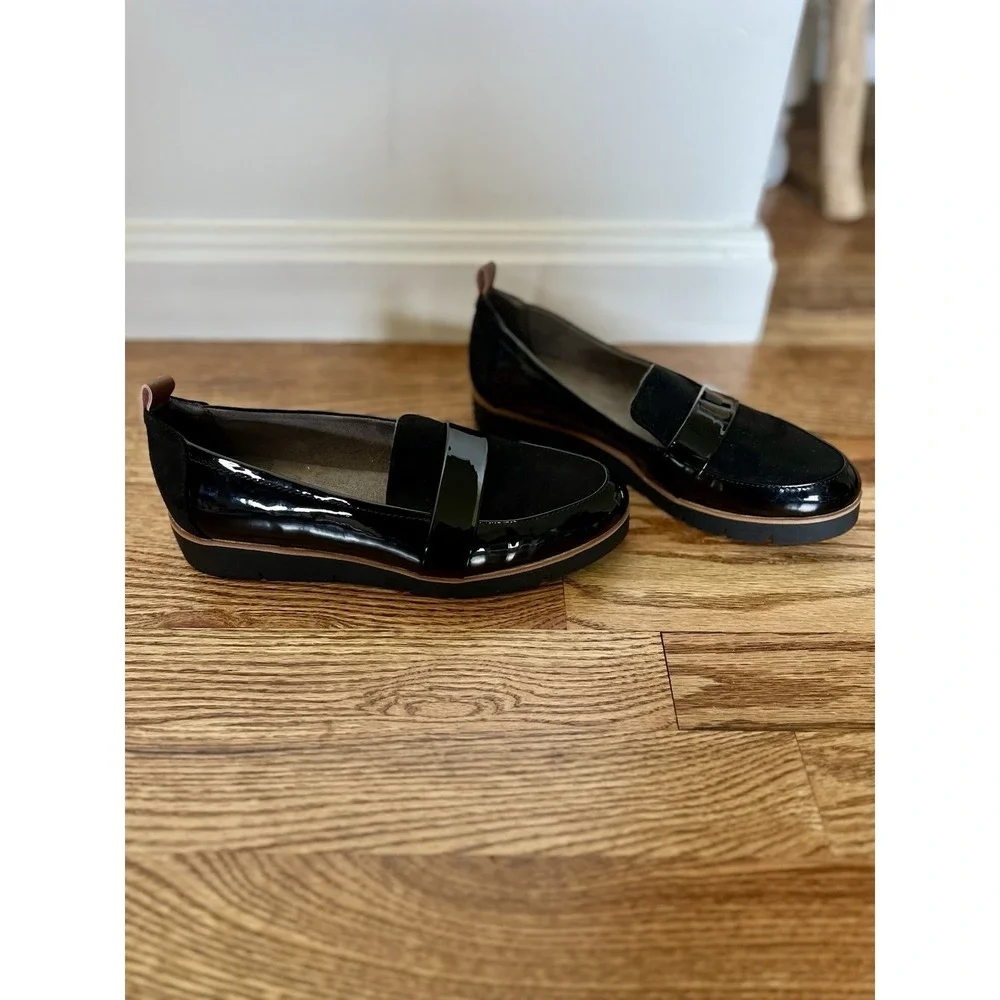 Dr. Scholl's Webster Preppy Loafers Black Slip‎ On Faux Patent Microsuede Sz 6.5